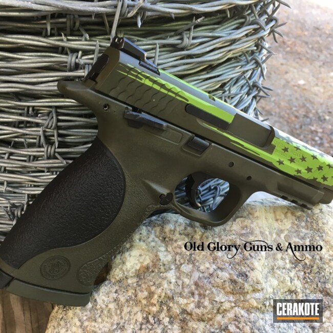 Cerakoted: Mil Spec O.D. Green H-240,Smith & Wesson,Zombie Green H-168,Distressed American Flag,Pistol,American Flag