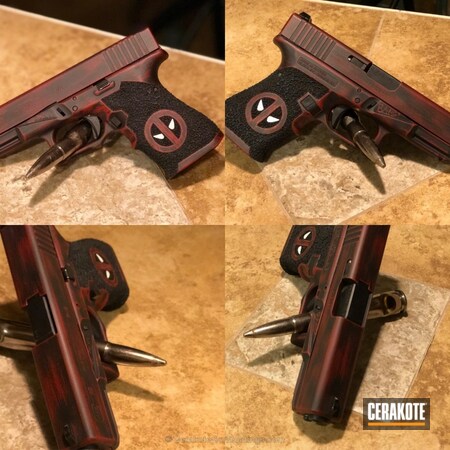 Powder Coating: Graphite Black H-146,Crimson H-221,Glock,Distressed,Handguns,Glock 19,Marvel Comic,Deadpool