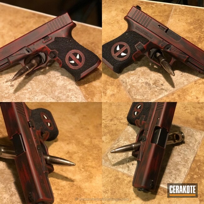 Cerakoted: Glock 19,Graphite Black H-146,Distressed,Crimson H-221,Deadpool,Glock,Handguns,Marvel Comic