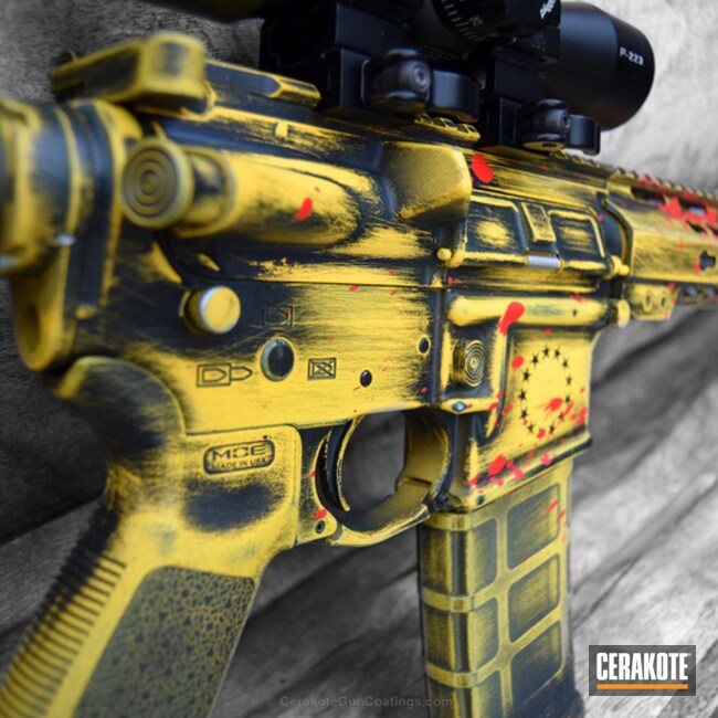 Cerakoted: Spike's Tactical,Graphite Black H-146,Dont Tread On Me,Distressed,USMC Red H-167,Tactical Rifle,DEWALT YELLOW H-126