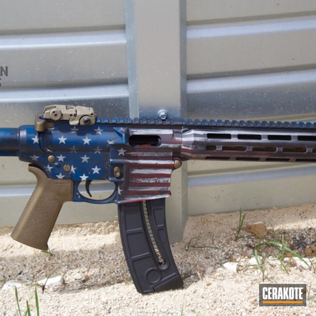 Cerakoted: Distressed,Tactical Rifle,American Flag,Texas Flag,Semi-Auto,.22 cal,Dual Flags,FIREHOUSE RED H-216,Snow White H-136,Graphite Black H-146,Smith & Wesson,Distressed American Flag,Burnt Bronze H-148,Battleworn AR-15,M&P 15-22,Sky Blue H-169