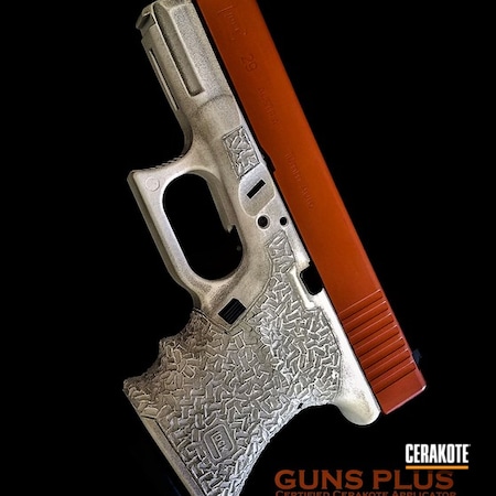 Powder Coating: Hunter Orange H-128,Laser Engrave,Glock 29,Custom Color,Texas Longhorns,Graphite Black H-146,Glock,Snow White H-136,Pistol,Custom Mix,Stippled