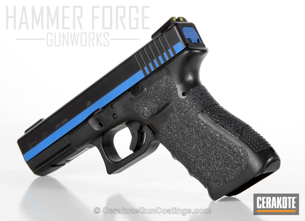 Glock 22 Handgun in a Thin Blue Line Themed Cerakote Finish by PAUL KEYS Cerakote
