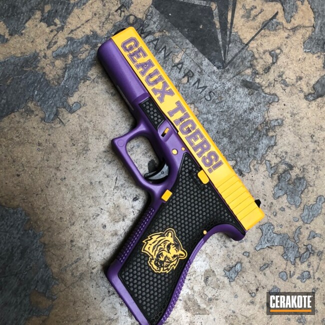 Cerakoted: Laser Stippled,College Theme,Bright Purple H-217,Pistol,Glock,Glock 22,DEWALT YELLOW H-126,LSU