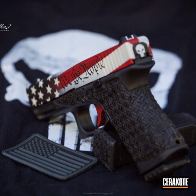 Cerakoted: FIREHOUSE RED H-216,Snow White H-136,Gloss Black H-109,Stippled,Pistol,Glock,American Flag