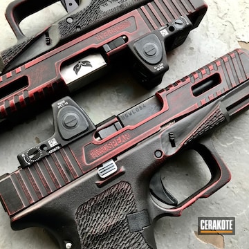 Cerakoted Custom Milled Glock Handguns In A Distressed Red And Black Cerakote Finish