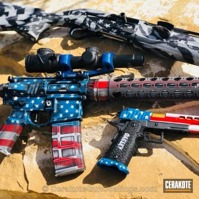 Cerakoted: Black and White Hydrographics,NRA Blue H-171,Snow White H-136,Graphite Black H-146,Distressed American Flag,USMC Red H-167,Pistol,Tactical Rifle,American Flag,Matching Set