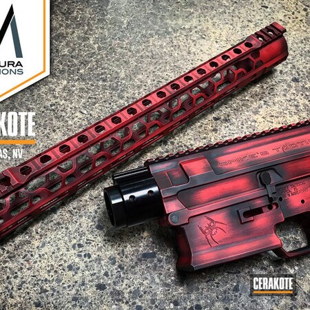 Powder Coating: Distressed,Armor Black H-190,Spikes Receiver,FIREHOUSE RED H-216,Upper / Lower,Handguard