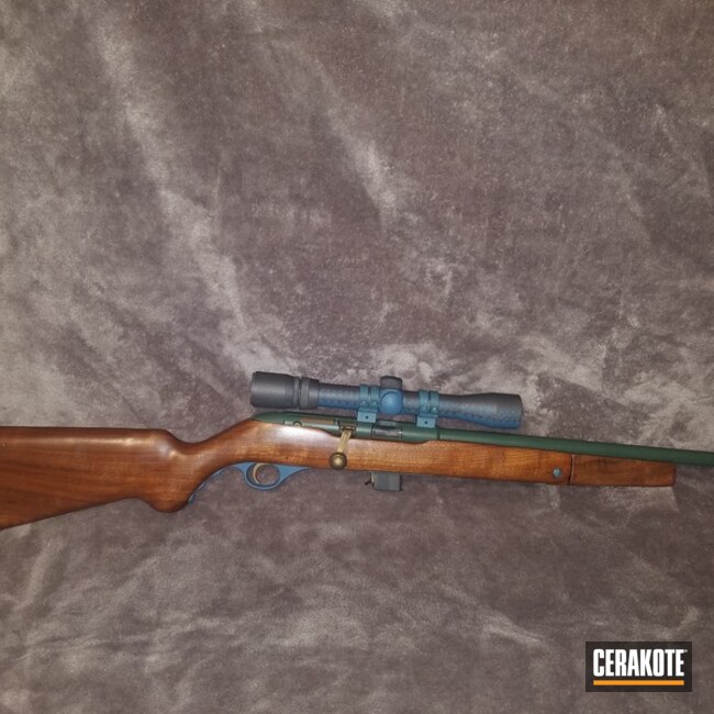 Cerakoted Bolt Action Rifle Coated In Burnt Bronze, Cobalt, Highland Green And Jesse James Civil Defense Blue