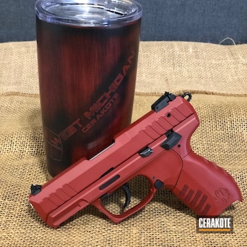 Cerakoted Tumbler Cup And A Matching Ruger Sr22 Handgun Coated In H-221 Crimson