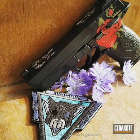 Powder Coating: Laser Engrave,Smith & Wesson M&P,Smith & Wesson,Rose,Girls Gun,FIREHOUSE RED H-216,Flowers,Engraving,22lr,Girls,Armor Black H-190,MIL SPEC GREEN  H-264,.22LR,For the Girls