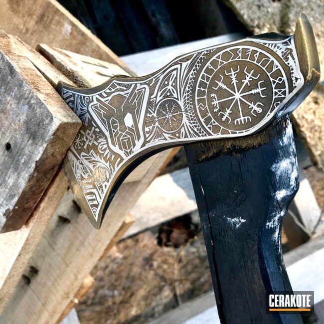 Cerakoted Laser Engraved Throwing Axe Coated In H-190 Armor Black And H-122 Gold