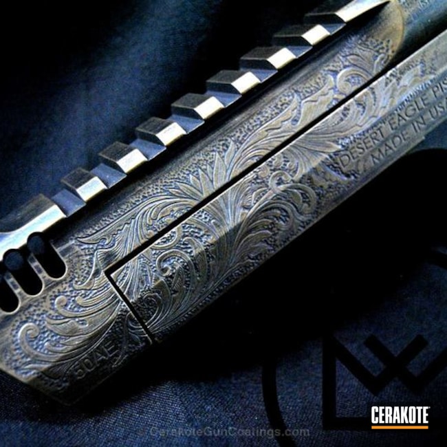 Cerakoted: Hand Engraved,Desert Eagle,Battleworn,Custom,Deagle,Engraved,Graphite Black H-146,Burnt Bronze H-148,Pistol