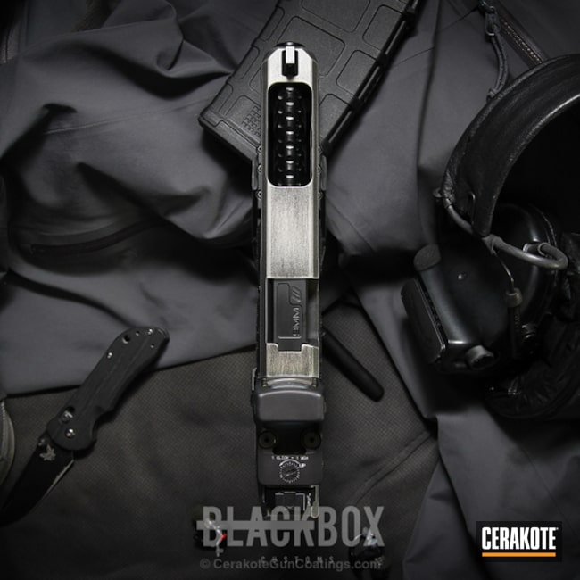 Cerakoted: Battleworn,Graphite Black H-146,Stippled,Titanium H-170,Pistol,Glock