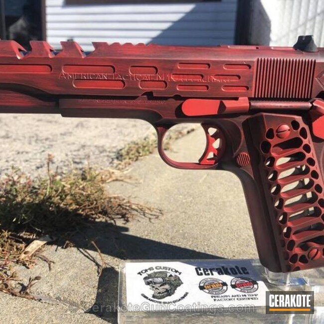 Cerakoted: FIREHOUSE RED H-216,Graphite Black H-146,American Tactical,Pistol,1911,laser ported,Laser Engrave,Lasercut