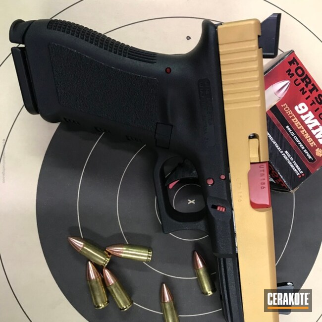 Cerakoted Two Toned Glock 17 Handgun In H-122 Gols And H-216 Smith & Wesson Red