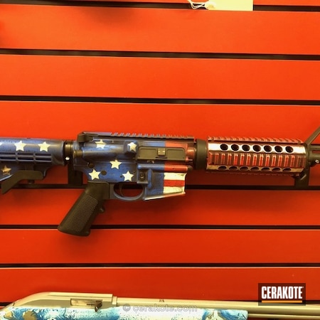 Powder Coating: Smith & Wesson M&P,Christmas Present Idea,Smith & Wesson,M&P15,Glad To Be An American,America,Freedom,Merica,FIREHOUSE RED H-216,AR-15,S&W M&P15,Custom,Battleworn Flag,Snow White H-136,NRA Blue H-171,US Pride,MP15,American Flag,Battleworn,Captain America