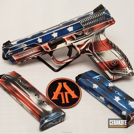 Powder Coating: .45 ACP,Snow White H-136,Pistol,Merica,FIREHOUSE RED H-216,Ruger American Pistol,Ruger,Semi-Auto,Sky Blue H-169,Distressed American Flag