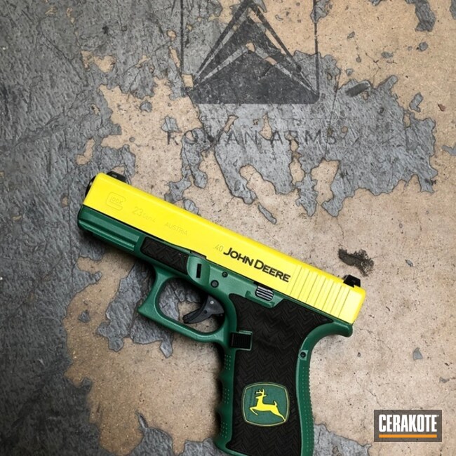 Cerakoted John Deere Themed And Engraved Glock 23 Handgun