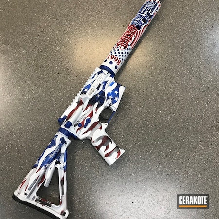 Powder Coating: Laser Engrave,KEL-TEC® NAVY BLUE H-127,Bright White H-140,Aero Precision,Custom Theme,Custom Camo,Flames,FIREHOUSE RED H-216,AR-15,Laser Engraved,Graphite Black H-146,Red, White and Blue,Unique-Ars,Patriotic,Tactical Rifle,American Flag,Stars and Stripes,Distressed American Flag