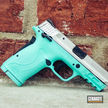 Powder Coating: Satin Aluminum H-151,Smith & Wesson,Smith & Wesson M&P Shield,Two Tone,Girls Gun,Pistol,Robin's Egg Blue H-175