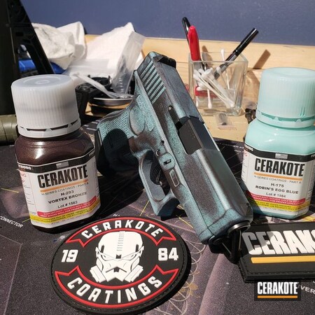 Powder Coating: Glock,Pistol,Tarnished Copper,Glock 27,Robin's Egg Blue H-175,Burnt Bronze H-148
