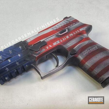 Powder Coating: Graphite Black H-146,NRA Blue H-171,Sig Sauer,Sig Sauer P320,America,American Flag,FIREHOUSE RED H-216,Distressed American Flag