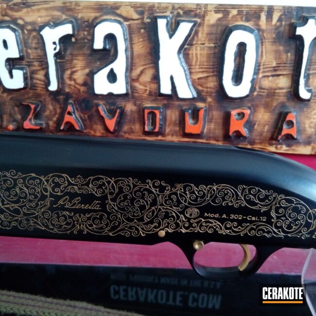 Cerakoted Beretta Shotgun In Cerakote Graphite Black With Gold Color Fill