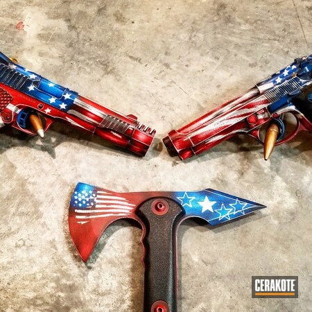 Powder Coating: .45 ACP,Custom Theme,Rock Island Armory 1911,American Flag Theme,Daily Carry,FIREHOUSE RED H-216,Sky Blue H-169,Distressed,Snow White H-136,1911,Theme,Battleworn,Distressed American Flag