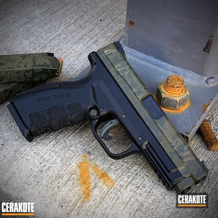 Powder Coating: Gun Coatings,BLACKOUT E-100,Laser Imaging,Handguns,Pistol,Springfield XD,Springfield Armory,Custom Camo,O.D. Green H-236,3D camo