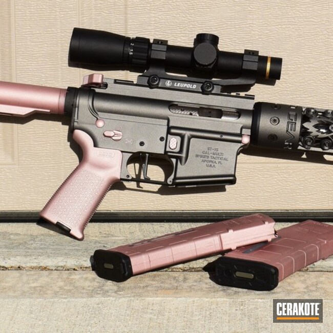 Cerakoted Tactical Rifle And Offhand Gear Handguard With A Rose Gold And Black Finish