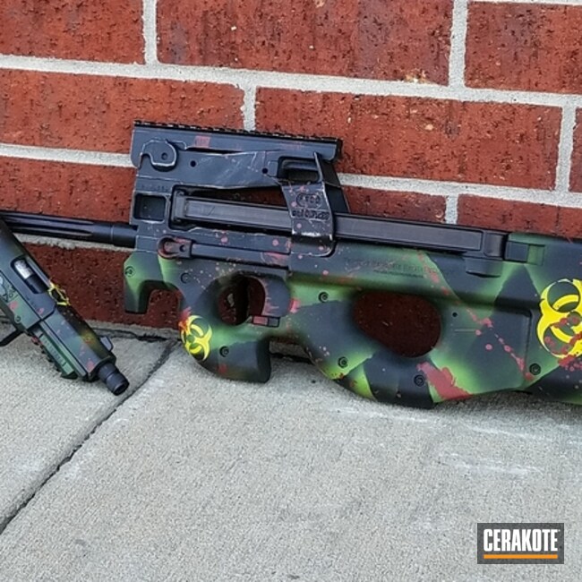 Cerakoted Matching Zombie Biohazard Themed Handgun And Ps90