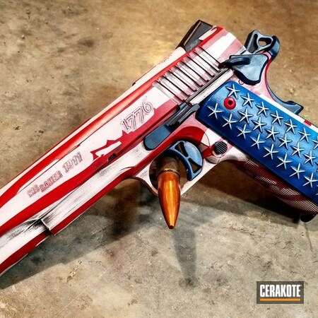 Powder Coating: .45 ACP,Corrosion Protection,Sig Sauer 1911,Sig Sauer,American Flag Theme,FIREHOUSE RED H-216,Sky Blue H-169,Distressed,1911,Pistol,Stormtrooper White H-297,American Flag,Battleworn,Stars and Stripes,Distressed American Flag