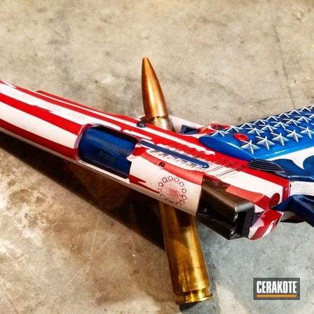 Powder Coating: .45 ACP,Corrosion Protection,Sig Sauer 1911,Sig Sauer,American Flag Theme,FIREHOUSE RED H-216,Sky Blue H-169,Distressed,1911,Pistol,Stormtrooper White H-297,American Flag,Battleworn,Stars and Stripes,Distressed American Flag