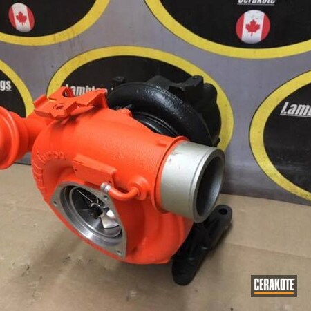 Powder Coating: Canada,CERAKOTE GLACIER BLACK C-7600,Cerakote,Hunter Orange C-128,Turbo Housing,Automotive,Duramax,Chevy,More Than Guns,Exhaust,Turbo