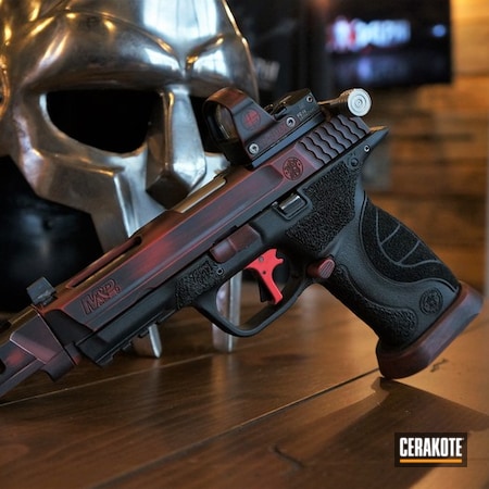 Powder Coating: Graphite Black H-146,Smith & Wesson,Distressed,Pistol,Delphi Tactical,M&P,FIREHOUSE RED H-216,Battleworn