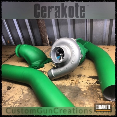 Powder Coating: CERAKOTE GLACIER GREEN - MTO  C-8100,High Temperature Coating,Exhaust Systems,Turbo Housing,Automotive,Turbo Pipe,More Than Guns,Exhaust,Turbo,CERAKOTE GLACIER SILVER C-7700