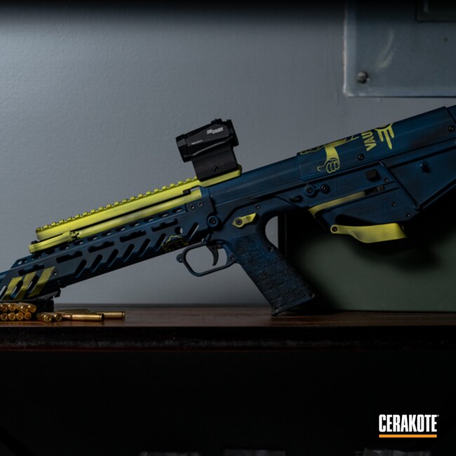 Cerakoted H-146 Graphite Black, H-166 Electric Yellow, H-172 Sea Blue And H-136 Snow White