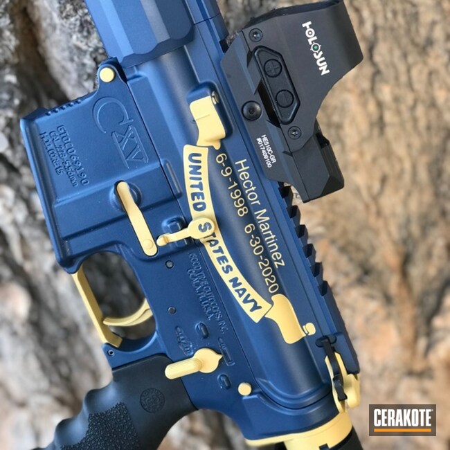 Cerakoted Personalized Ar-15 Rifle With Cerakote H-122 Gold And H-127 Kel-tec Navy Blue
