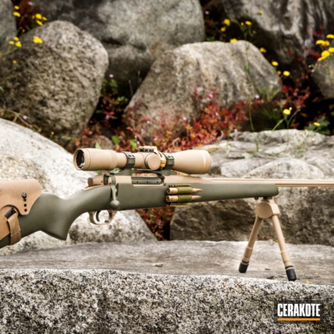Cerakoted Weatherby Mark V And Leupold Scope With A Coyote Tan And Mil Spec O.d. Green Cerakote Finish