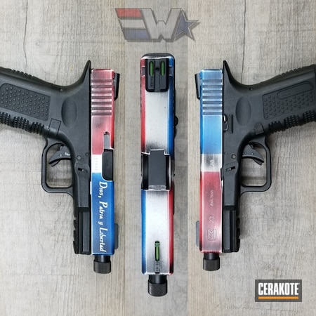 Powder Coating: Bright White H-140,Glock,Distressed,Stencil,NRA Blue H-171,Red, White and Blue,Glock 23,USMC Red H-167,Wicked Weaponry,Battleworn,Wickedworn