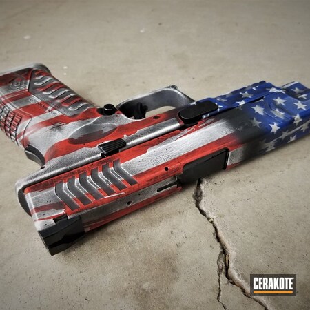 Powder Coating: Graphite Black H-146,Battleworn Flag,NRA Blue H-171,Pistol,America,Springfield XD,Springfield Armory,Patriotic,American Flag,FIREHOUSE RED H-216,Distressed American Flag