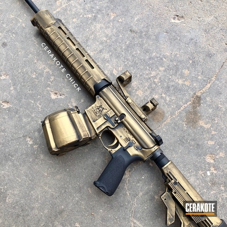 Powder Coating: Graphite Black H-146,KE Arms,Distressed,Gun Coatings,Gold H-122,Gold and Black,Tactical Rifle,AR-15,Worn