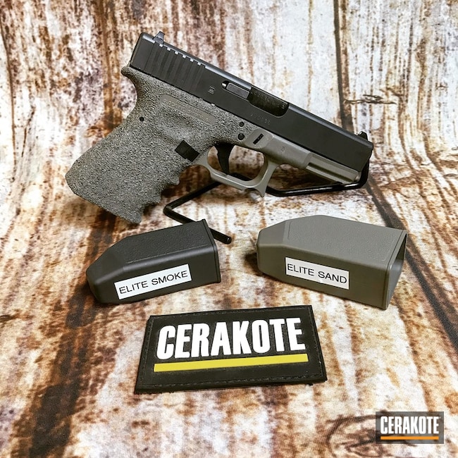 Cerakoted Glock 19 Handgun With Cerakote E-150 Sand And E-120 Smoke