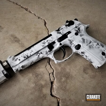 Powder Coating: Graphite Black H-146,Gun Coatings,S.H.O.T,Pistol,Beretta,BATTLESHIP GREY H-213,Snow Camo