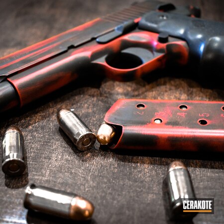 Powder Coating: Graphite Black H-146,Distressed,Gun Coatings,1911,S.H.O.T,Sig Sauer,Pistol,FIREHOUSE RED H-216,Battleworn