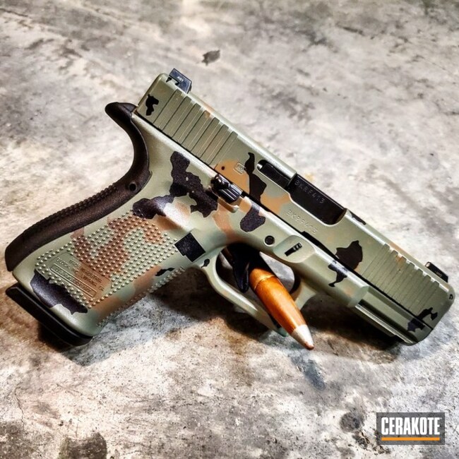 Cerakoted Glock 19 Handgun With Custom Cerakote Elite Woodland Camo Finish