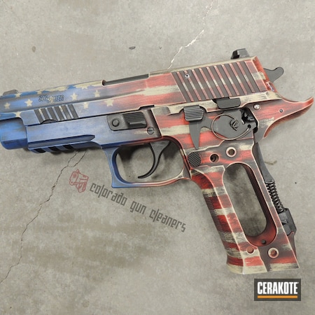 Powder Coating: Graphite Black H-146,Gun Coatings,NRA Blue H-171,S.H.O.T,Sig Sauer,Sig Sauer P226,Pistol,American Flag,FIREHOUSE RED H-216,BENELLI® SAND H-143,Distressed American Flag