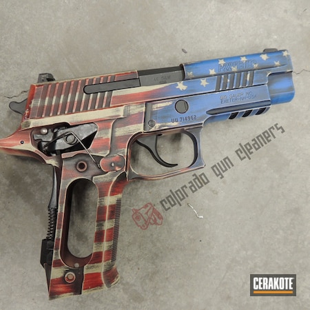 Powder Coating: Graphite Black H-146,Gun Coatings,NRA Blue H-171,S.H.O.T,Sig Sauer,Sig Sauer P226,Pistol,American Flag,FIREHOUSE RED H-216,BENELLI® SAND H-143,Distressed American Flag