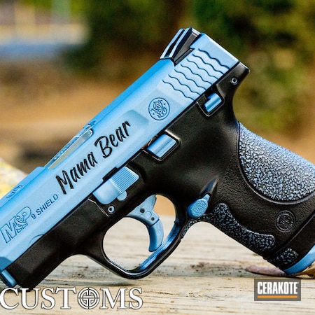 Powder Coating: Laser Engrave,Smith & Wesson,Smith & Wesson M&P Shield,Distressed,Gun Coatings,M&P Shield,Gloss Black H-109,S.H.O.T,Pistol,POLAR BLUE H-326,M&P Shield 9mm